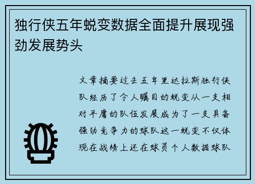 独行侠五年蜕变数据全面提升展现强劲发展势头