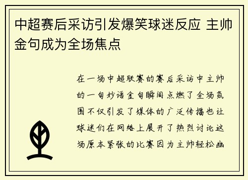 中超赛后采访引发爆笑球迷反应 主帅金句成为全场焦点